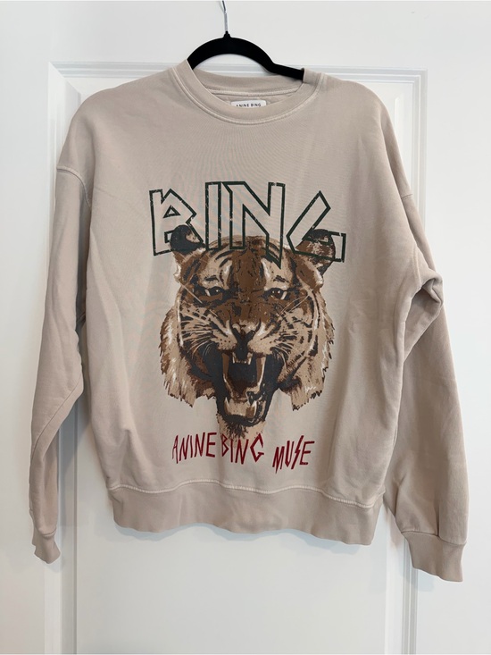 Anine Bing Tops - Anine Bing Beige Crewneck Sweatshirt with Tiger Graphic and Green Lettering